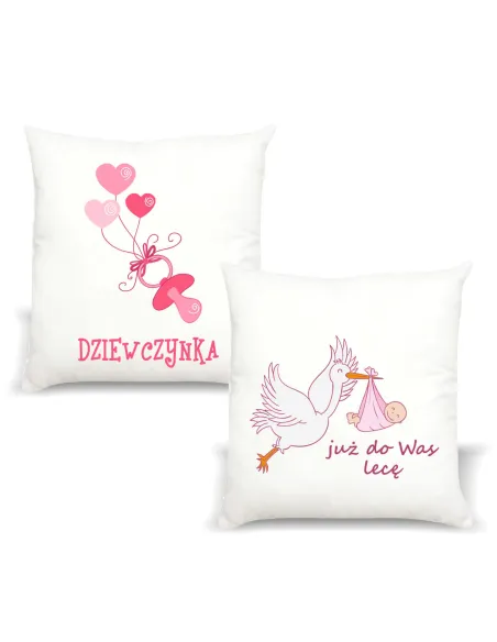 Poduszka z nadrukiem PREZENT JUŻ DO WAS LECĘ Baby Shower dla przyszłej mamy