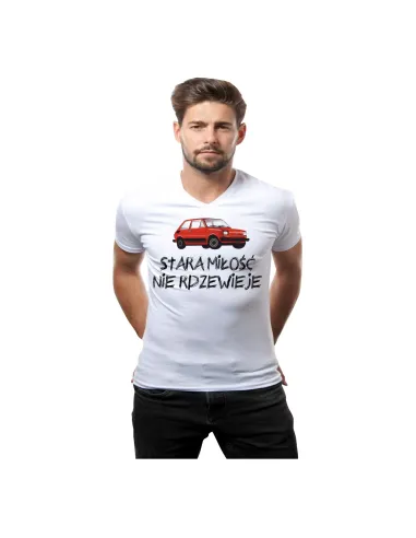 Koszulka z nadrukiem stara miłość nie rdzewieje dla fana fiat 126p