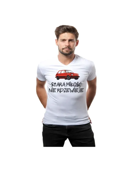 Koszulka z nadrukiem stara miłość nie rdzewieje dla fana fiat 126p
