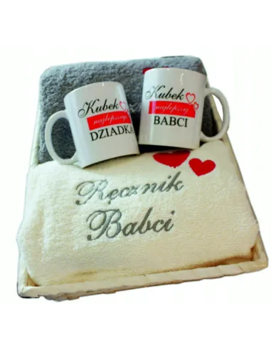 Prezent dla babci dziadka - ręczniki z haftem + kubki