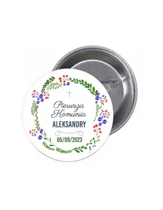 Przypinki buttony PIERWSZA KOMUNIA IMIĘ DATA znaczki badziki z grafiką