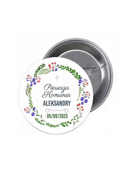 Przypinki buttony PIERWSZA KOMUNIA IMIĘ DATA znaczki badziki z grafiką