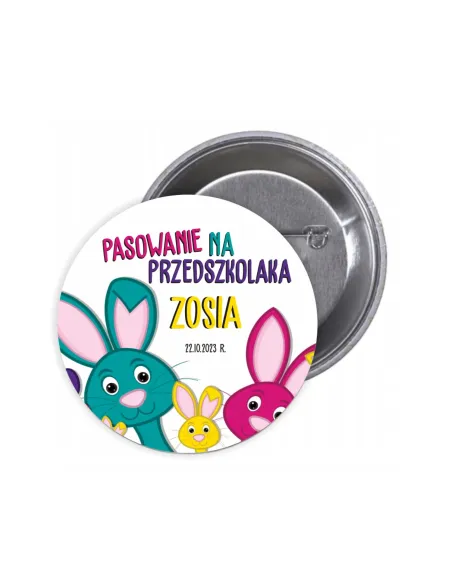 Przypinki buttony PASOWANIE NA PRZEDSZKOLAKA IMIĘ DATA znaczki badziki z grafiką