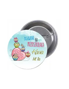 Przypinki buttony PASOWANIE NA PRZEDSZKOLAKA IMIĘ KLASA znaczki badziki z grafiką