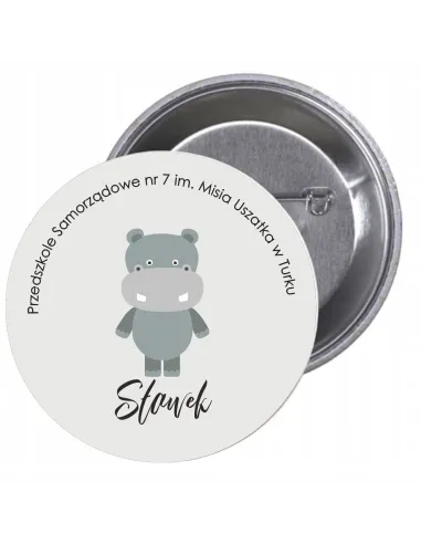 Przypinki buttony PRZEDSZKOLE IMIĘ HIPOPOTAM znaczki badziki z grafiką