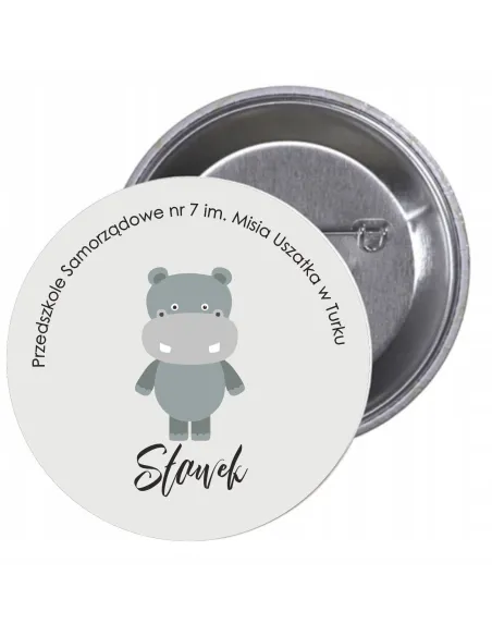 Przypinki buttony PRZEDSZKOLE IMIĘ HIPOPOTAM znaczki badziki z grafiką