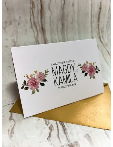 ZAPROSZENIA NA ŚLUB, Zaproszenie Ślubne różowe z kwiatami + PROJEKT GRATIS