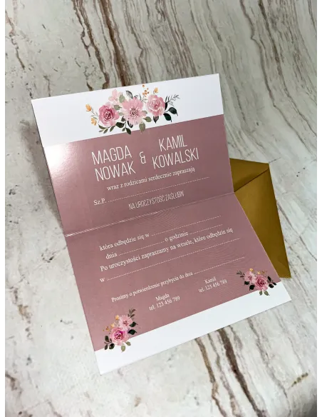 ZAPROSZENIA NA ŚLUB, Zaproszenie Ślubne różowe z kwiatami + PROJEKT GRATIS