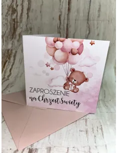 Zaproszenie na chrzest chrzciny różowe z misiem + POJEKT GRATIS