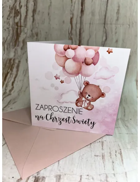 Zaproszenie na chrzest chrzciny różowe z misiem + POJEKT GRATIS