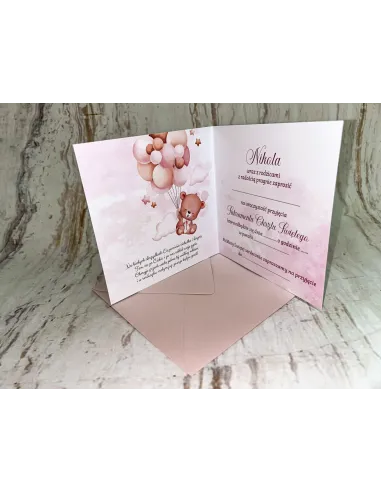 Zaproszenie na chrzest chrzciny różowe z misiem + POJEKT GRATIS