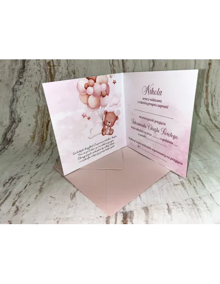 Zaproszenie na chrzest chrzciny różowe z misiem + POJEKT GRATIS