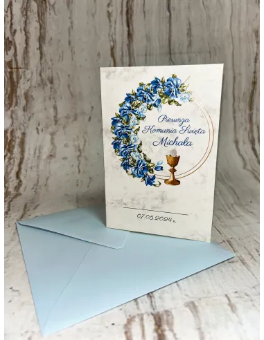 Zaproszenie na pierwszą komunię świętą motyw kwiatowy marmur Z PERSONALIZACJĄ Z IMIENIEM