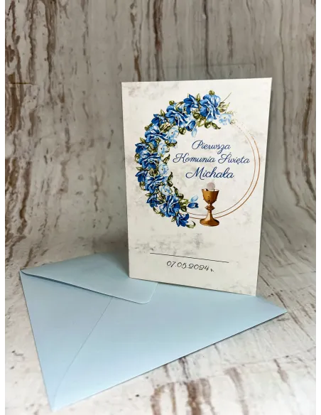 Zaproszenie na pierwszą komunię świętą motyw kwiatowy marmur Z PERSONALIZACJĄ Z IMIENIEM