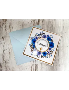 Zaproszenie na pierwszą komunię świętą zaproszenia komunijne motyw kwiatowy niebieskie z imieniem + PROJEKT GRATIS