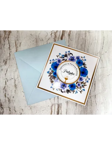 Zaproszenie na pierwszą komunię świętą zaproszenia komunijne motyw kwiatowy niebieskie z imieniem + PROJEKT GRATIS