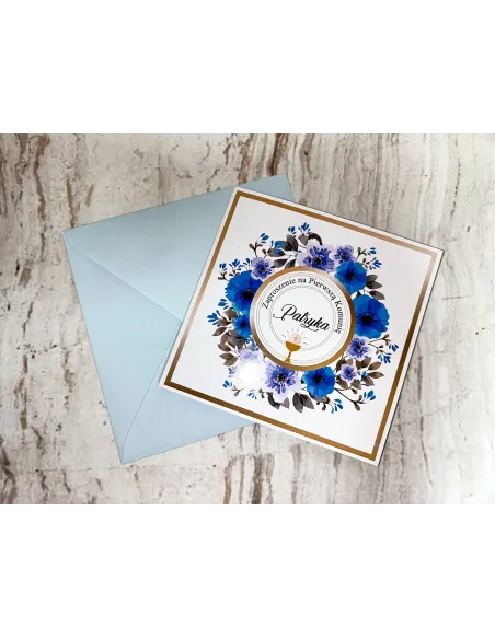 Zaproszenie na pierwszą komunię świętą zaproszenia komunijne motyw kwiatowy niebieskie z imieniem + PROJEKT GRATIS
