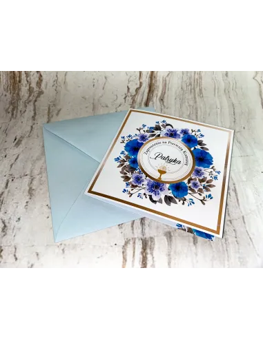 Zaproszenie na pierwszą komunię świętą zaproszenia komunijne motyw kwiatowy niebieskie z imieniem + PROJEKT GRATIS