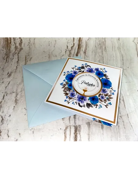 Zaproszenie na pierwszą komunię świętą zaproszenia komunijne motyw kwiatowy niebieskie z imieniem + PROJEKT GRATIS