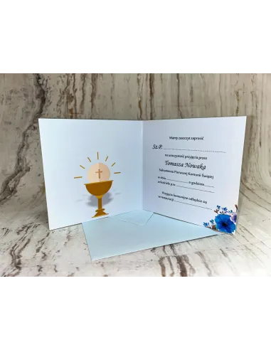 Zaproszenie na pierwszą komunię świętą zaproszenia komunijne motyw kwiatowy niebieskie z imieniem + PROJEKT GRATIS