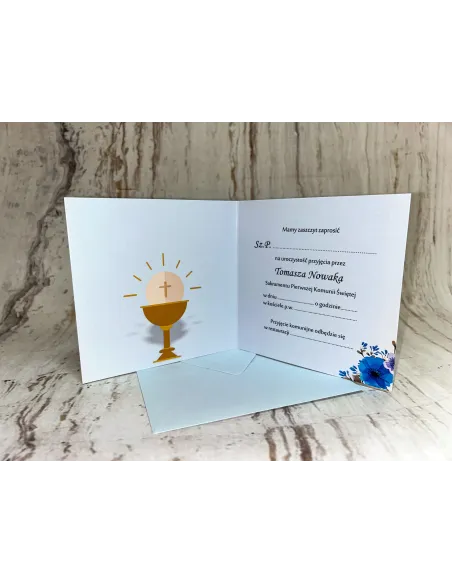 Zaproszenie na pierwszą komunię świętą zaproszenia komunijne motyw kwiatowy niebieskie z imieniem + PROJEKT GRATIS