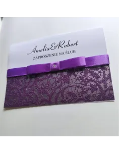 Eleganckie fioletowo perłowe zaproszenia Ślubne na Wesele z kokardą