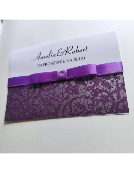 Eleganckie fioletowo perłowe zaproszenia Ślubne na Wesele z kokardą
