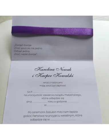 Eleganckie fioletowo perłowe zaproszenia Ślubne na Wesele z kokardą