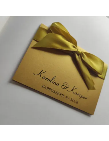 Eleganckie złote zaproszenia Ślubne na Wesele z kokardą na ŚLUB