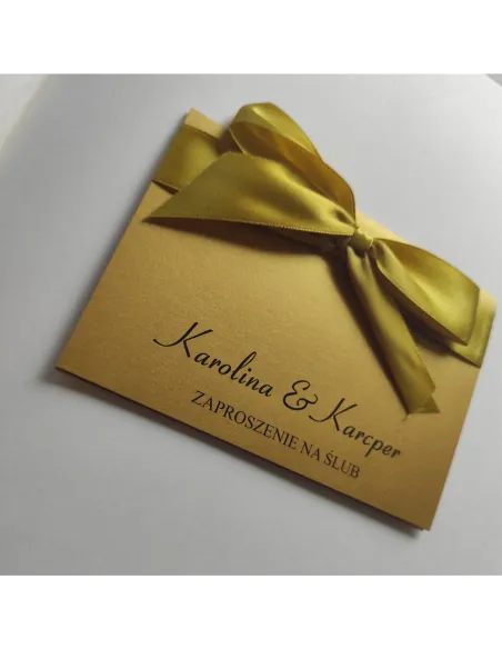Eleganckie złote zaproszenia Ślubne na Wesele z kokardą na ŚLUB