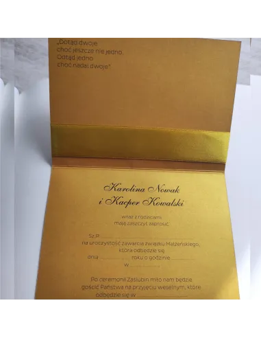 Eleganckie złote zaproszenia Ślubne na Wesele z kokardą na ŚLUB