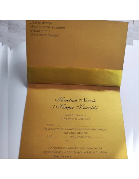 Eleganckie złote zaproszenia Ślubne na Wesele z kokardą na ŚLUB