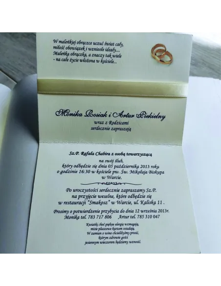 Eleganckie personalizowane zaproszenie Ślubne na Wesele z kokardą