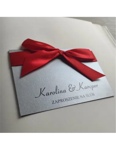 Eleganckie srebrne personalizowane zaproszenie Ślubne na Wesele z kokardą