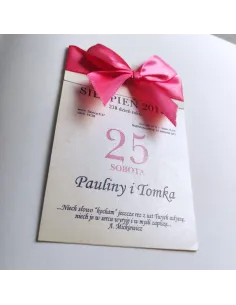 Personalizowane zaproszenie Ślubne na Wesele z kokardą kartka z kalendarza