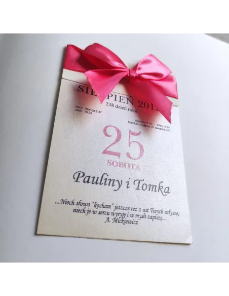 Personalizowane zaproszenie Ślubne na Wesele z kokardą kartka z kalendarza