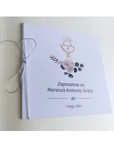 Personalizowane komunijne zaproszenie na pierwszą komunię świętą hostia kwiaty