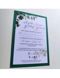 Personalizowane jednostronne zaproszenie Ślubne na Wesele butelkowa zieleń liście
