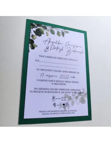 Personalizowane jednostronne zaproszenie Ślubne na Wesele butelkowa zieleń liście