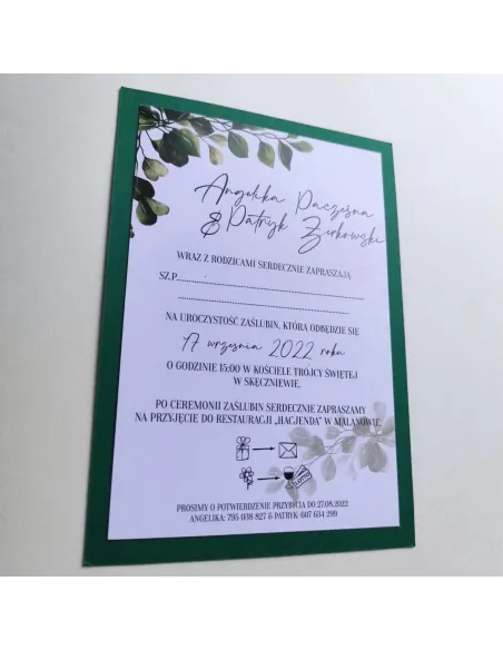 Personalizowane jednostronne zaproszenie Ślubne na Wesele butelkowa zieleń liście