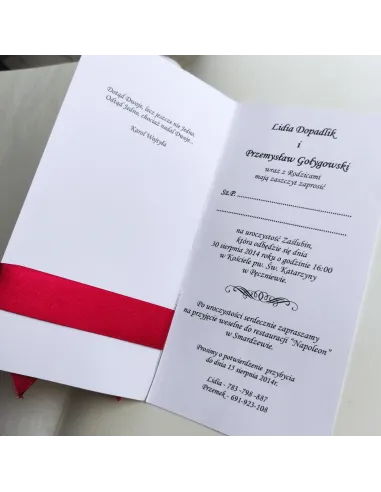 Personalizowane zaproszenie na Ślub Wesele czerwone z kokardą