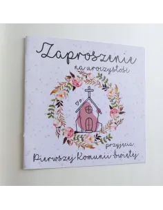Personalizowane komunijne zaproszenie na pierwszą komunię kwiaty kościół PROJEKT GRATIS