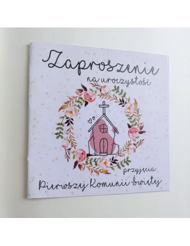 Personalizowane komunijne zaproszenie na pierwszą komunię kwiaty kościół PROJEKT GRATIS
