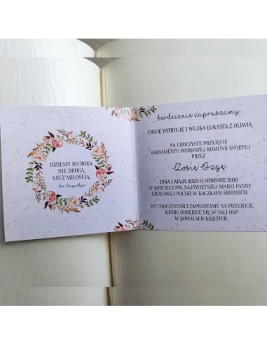 Personalizowane komunijne zaproszenie na pierwszą komunię kwiaty kościół PROJEKT GRATIS