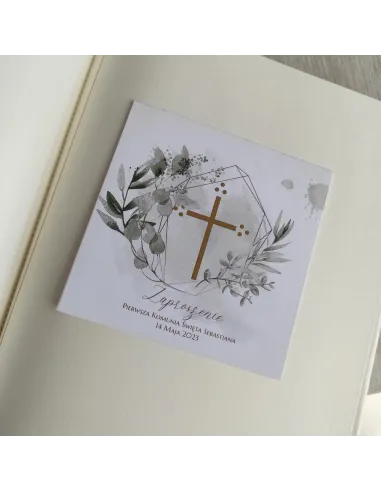 Personalizowane komunijne zaproszenie na pierwszą komunię świętą krzyż liście boho PROJEKT GRATIS