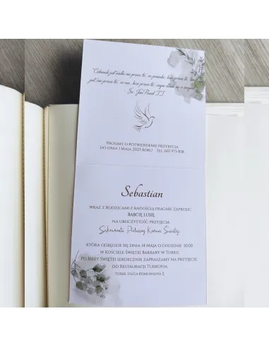 Personalizowane komunijne zaproszenie na pierwszą komunię świętą krzyż liście boho PROJEKT GRATIS