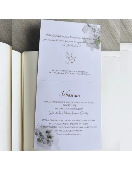 Personalizowane komunijne zaproszenie na pierwszą komunię świętą krzyż liście boho PROJEKT GRATIS