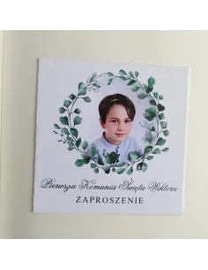 Personalizowane komunijne zaproszenie na pierwszą komunię świętą liście boho TWOJE ZDJĘCIE