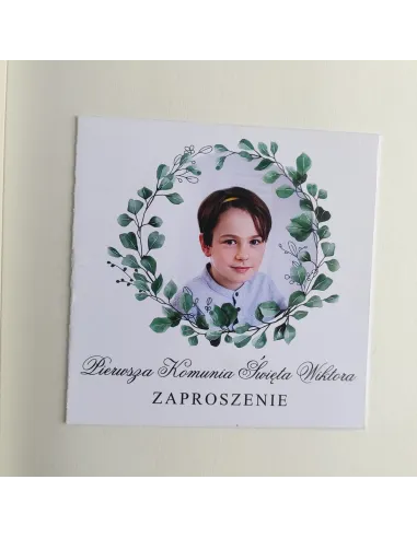 Personalizowane komunijne zaproszenie na pierwszą komunię świętą liście boho TWOJE ZDJĘCIE