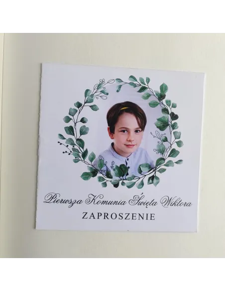 Personalizowane komunijne zaproszenie na pierwszą komunię świętą liście boho TWOJE ZDJĘCIE